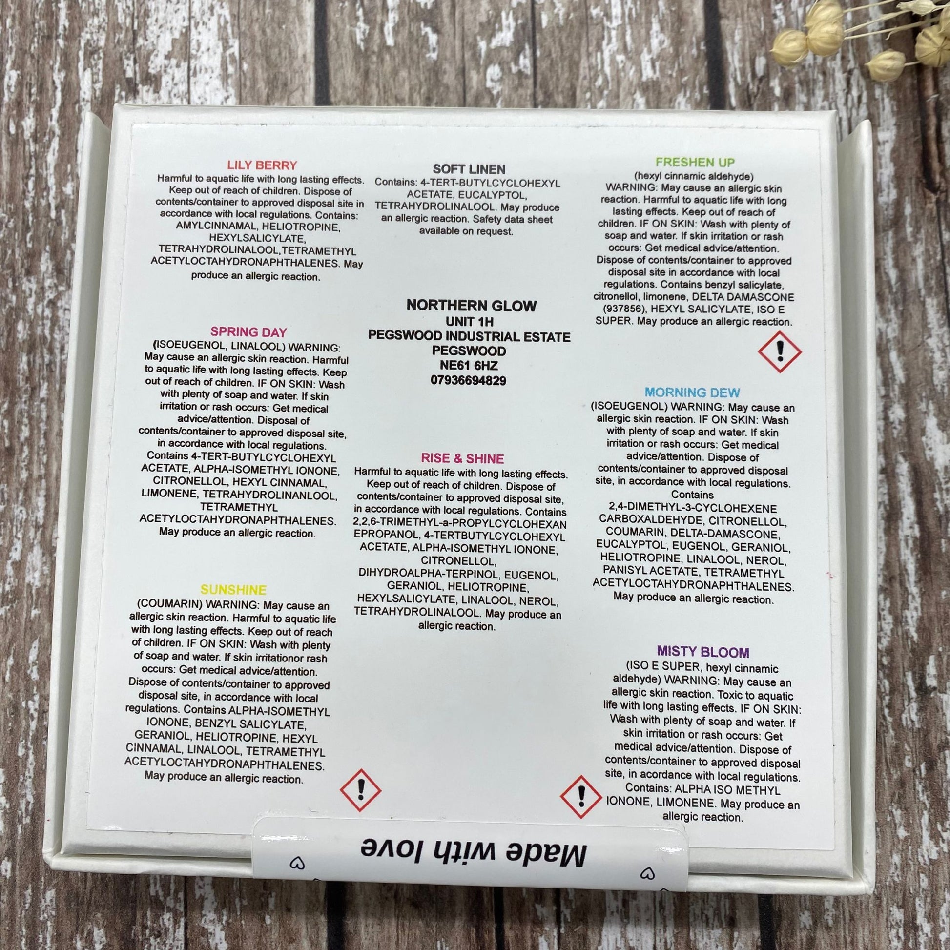 Product label with text on a wooden surface