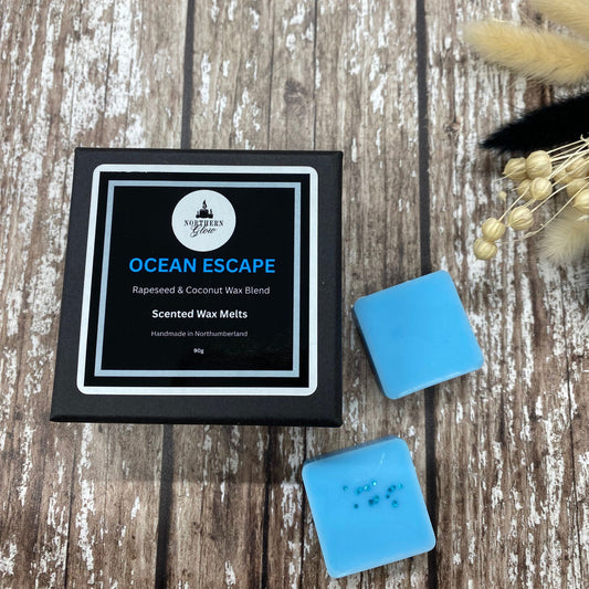 A black box labeled 'Ocean Escape' with 'Rapeseed & Coconut Wax Blend' and 'Scented Wax Melts' on it, accompanied by two blue square wax melts. The box is placed on a wooden surface with some dried plants in the background.