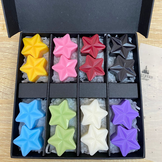 The sample box has all eight gragrance with two wax melt stars of each fragrance in the box.