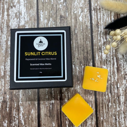 A package of 'Nature'scents' brand sunlit citrus scented wax melts, with two yellow square wax melts placed outside the package on a wooden surface. There are decorative dry plants next to the package